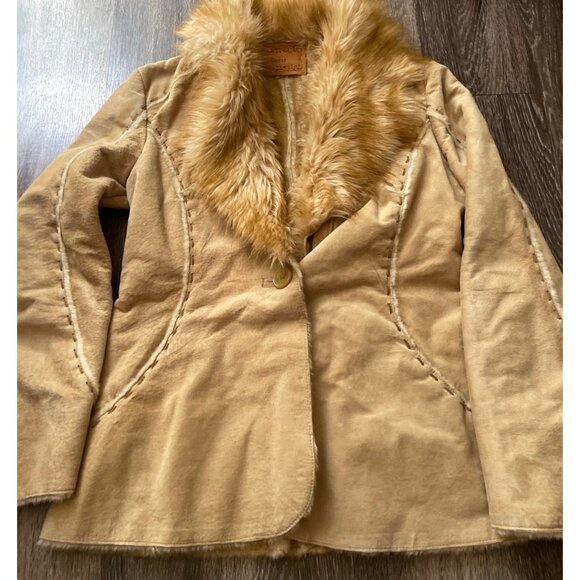 Vintage Guess Suede Leather Jacket Women’s Sz SMALL Brown Coat Faux Fur Stitched - Picture 1 of 16